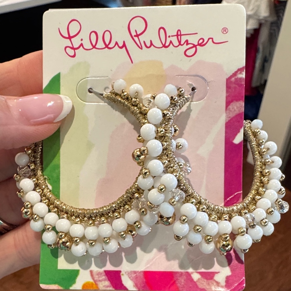 Lilly Pulitzer Gold and White Beaded Hoop Earrings